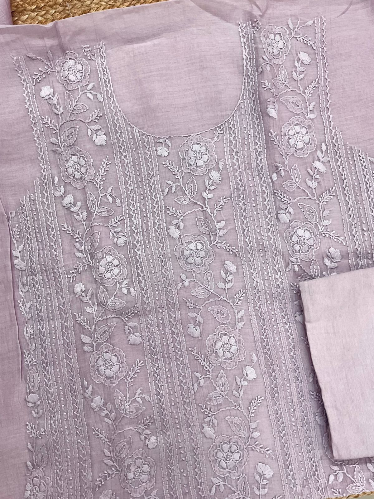 Pure Mul Chanderi Embroidered Suit - Lavender