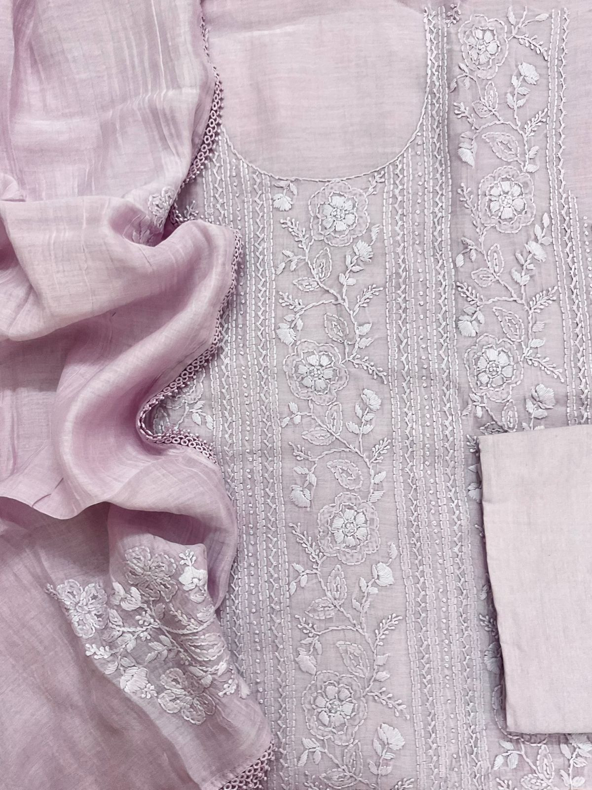 Pure Mul Chanderi Embroidered Suit - Lavender