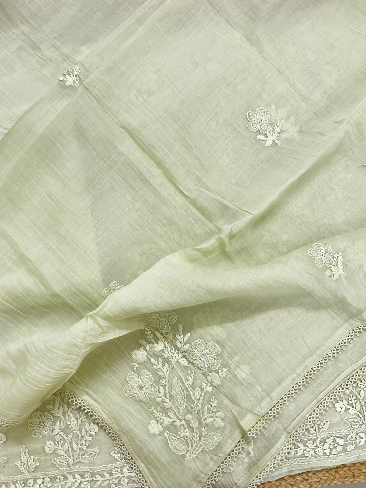 Pure Mul Chanderi Embroidered Suit - Light Green