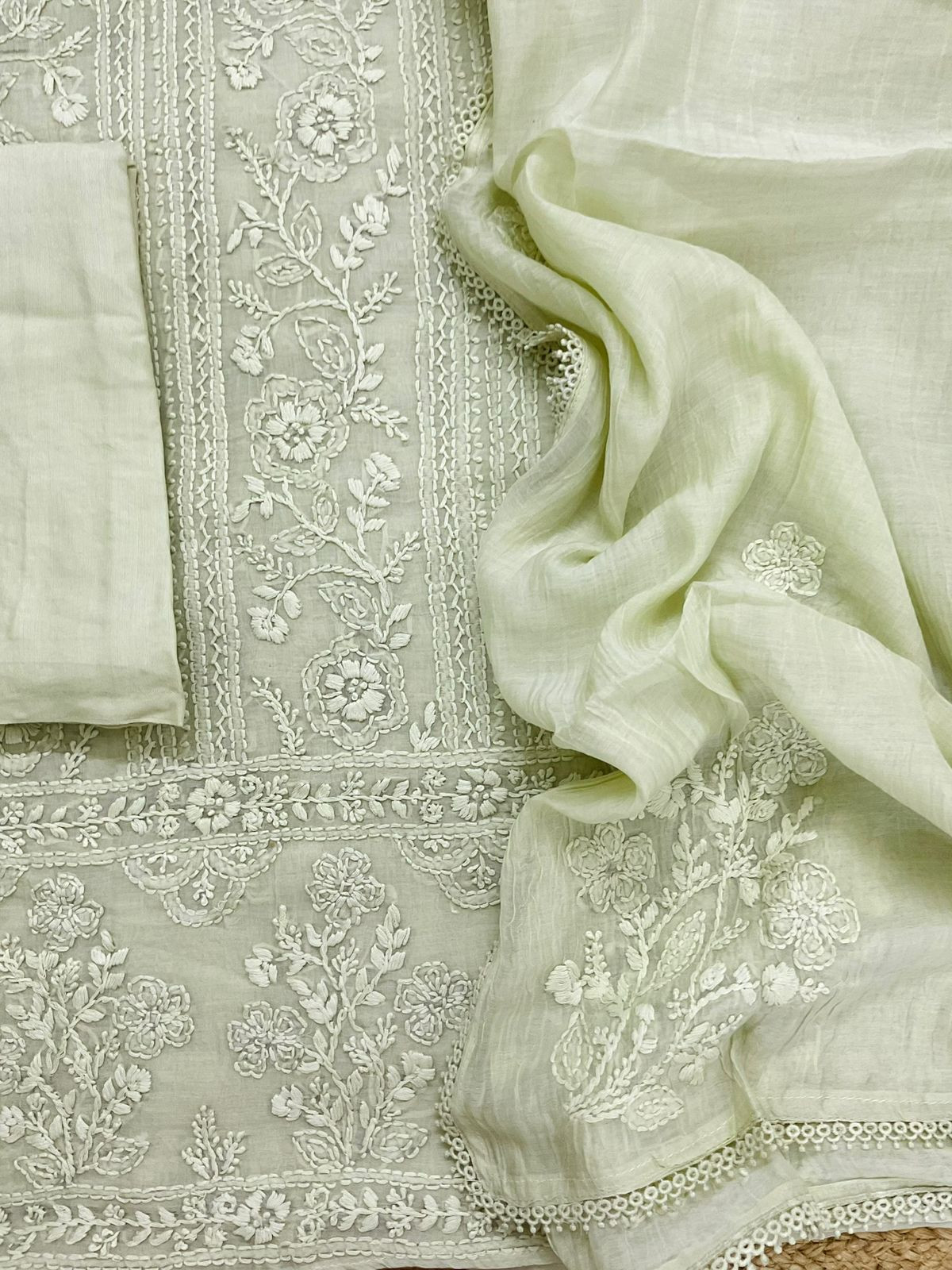 Pure Mul Chanderi Embroidered Suit - Light Green