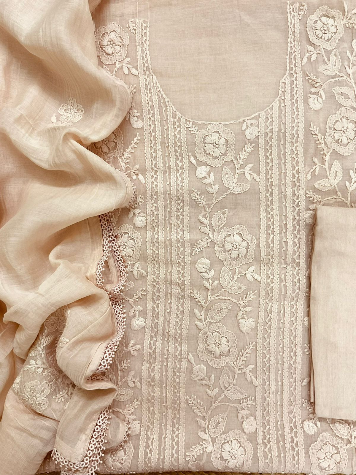 Pure Mul Chanderi Embroidered Suit - Light Peach