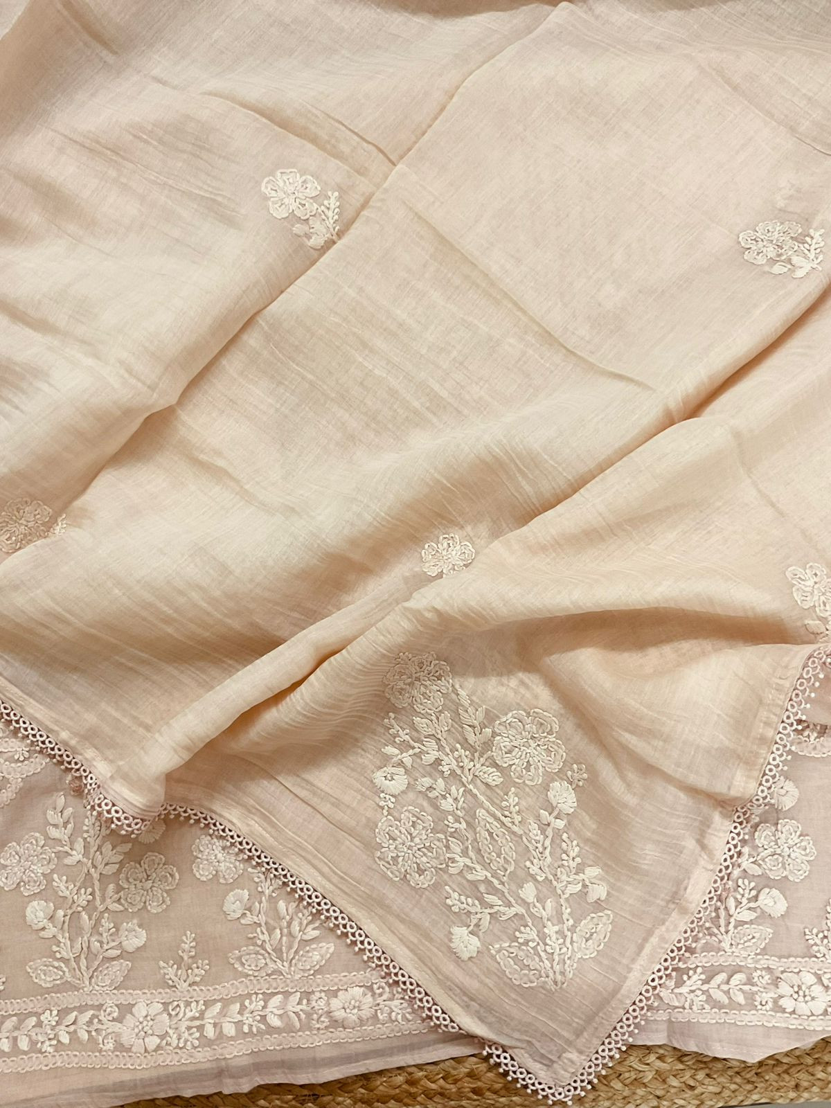 Pure Mul Chanderi Embroidered Suit - Light Peach