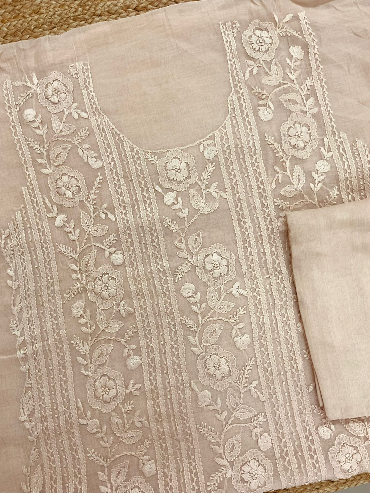 Pure Mul Chanderi Embroidered Suit - Light Peach