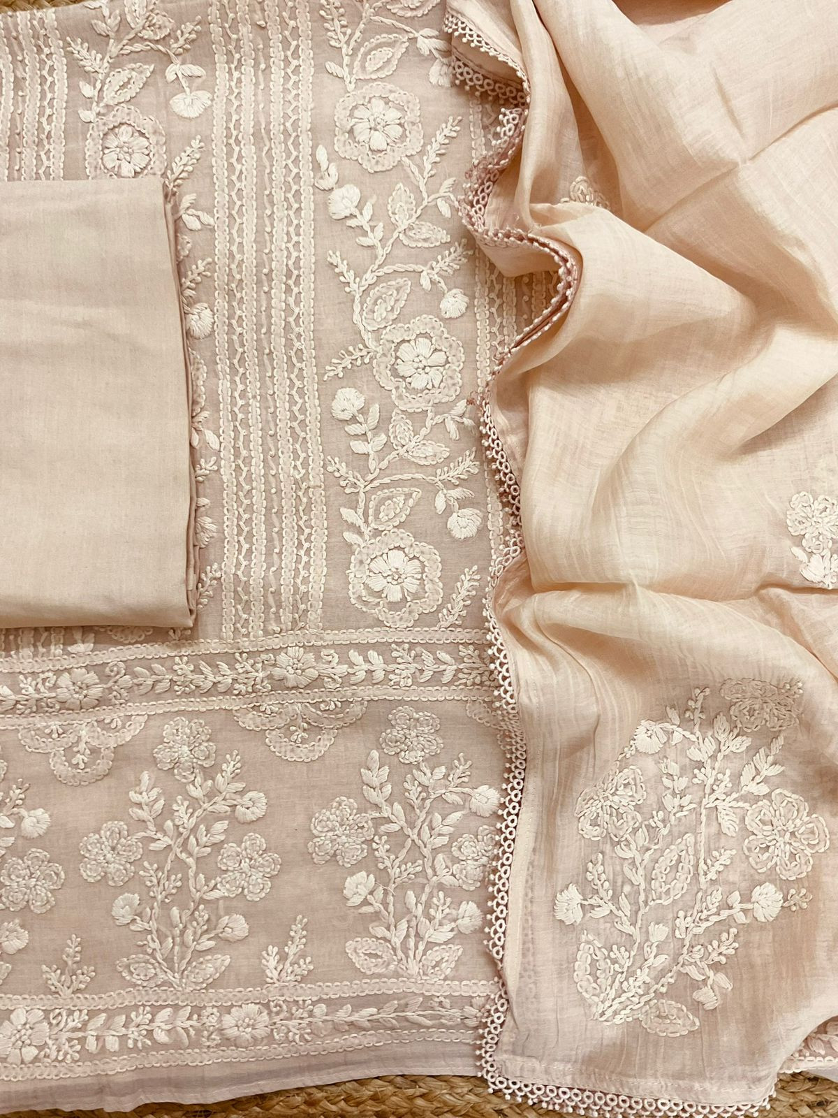 Pure Mul Chanderi Embroidered Suit - Light Peach