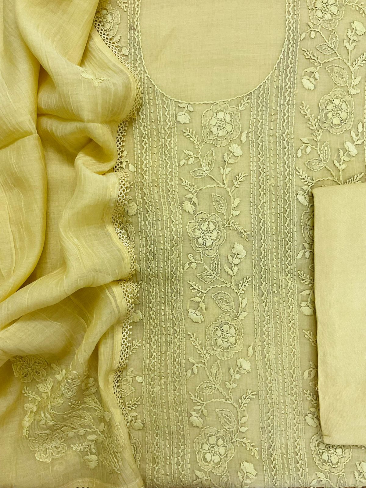 Pure Mul Chanderi Embroidered Suit - Lime Yellow