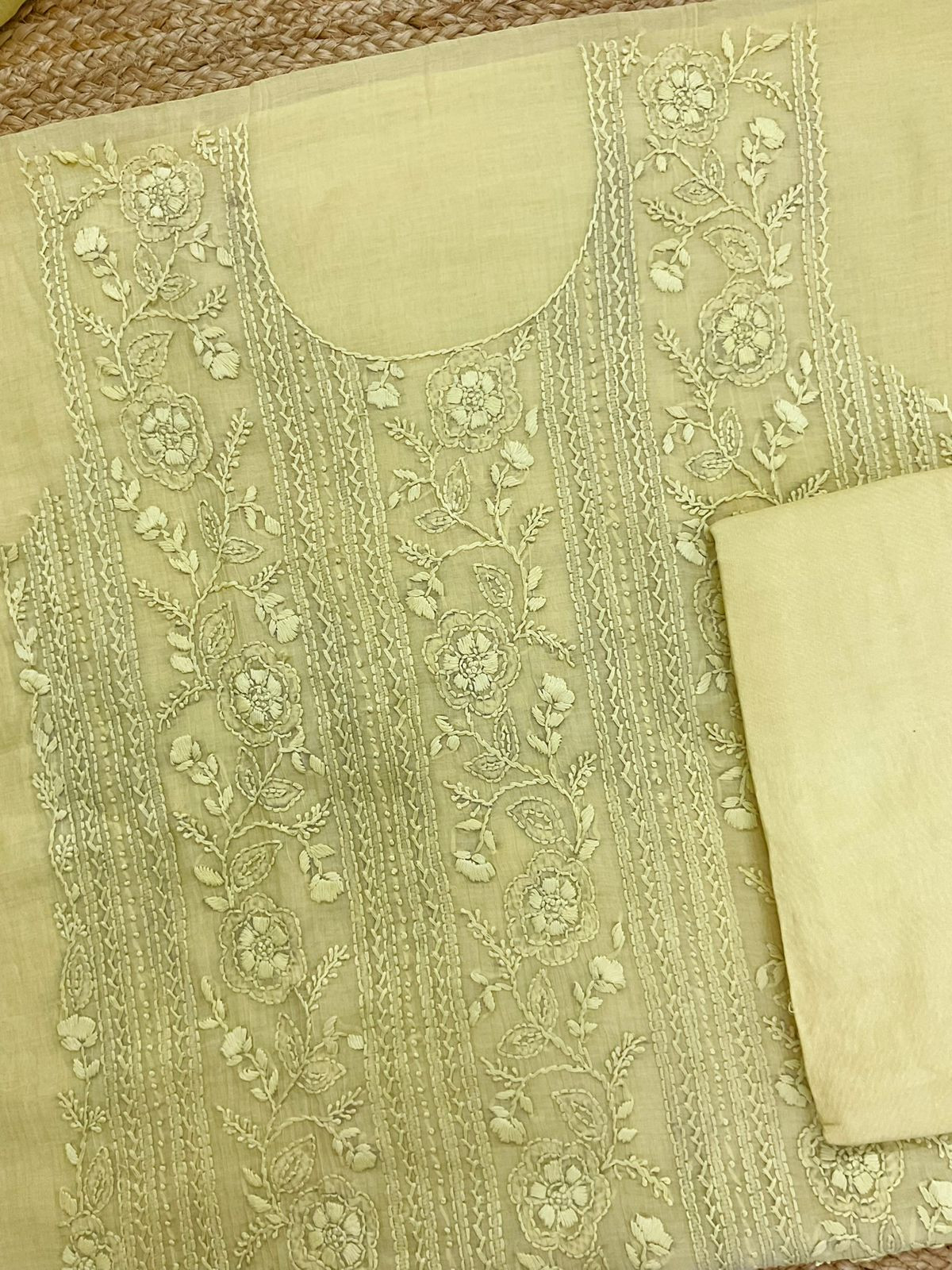 Pure Mul Chanderi Embroidered Suit - Lime Yellow