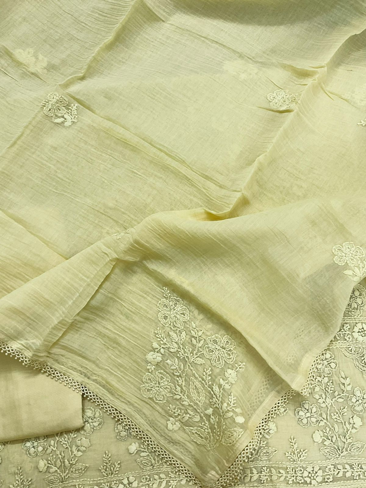 Pure Mul Chanderi Embroidered Suit - Lime Yellow