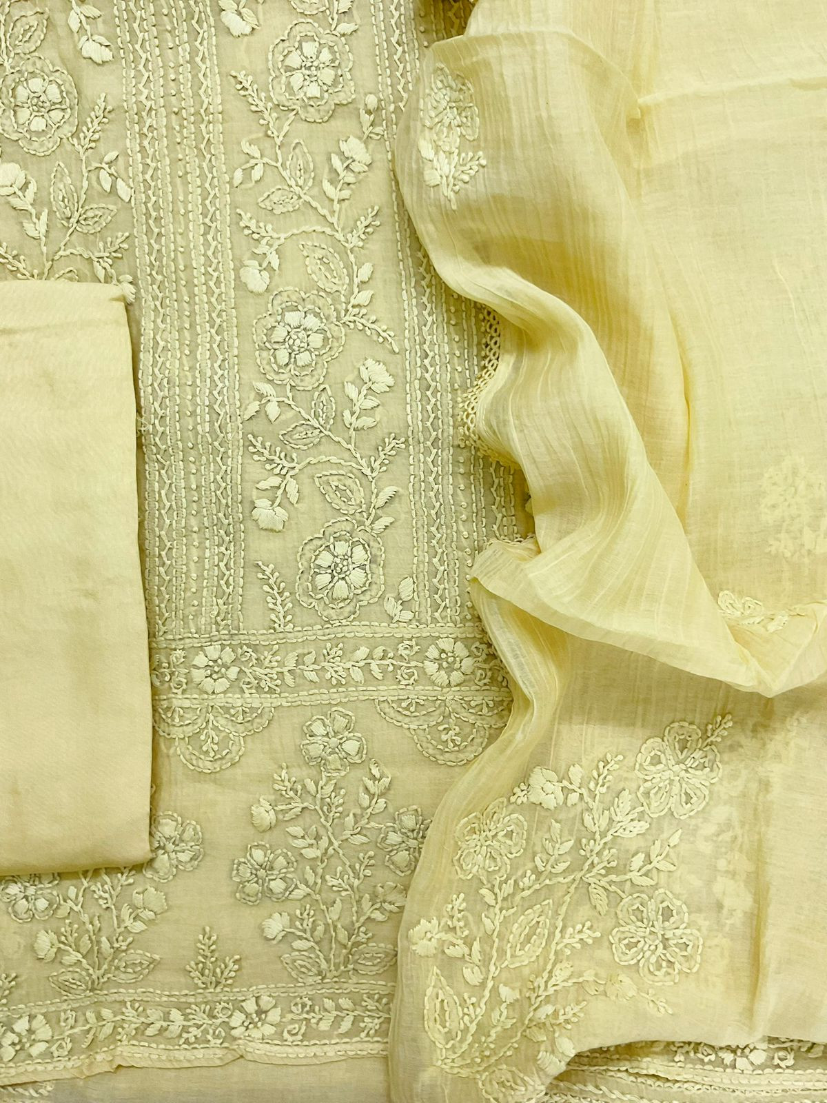 Pure Mul Chanderi Embroidered Suit - Lime Yellow