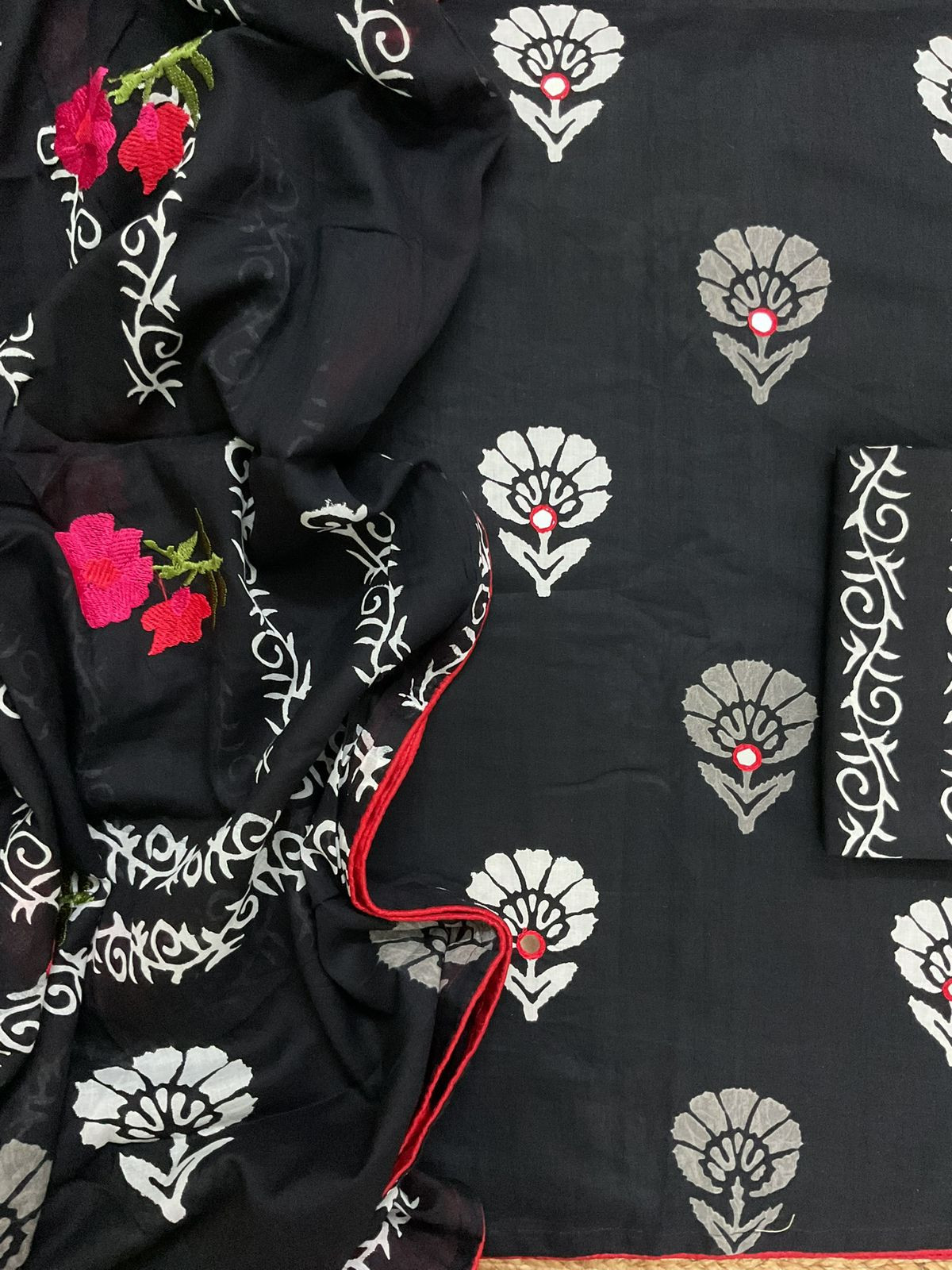 Pure Cotton Printed Embroidered Suit - Black