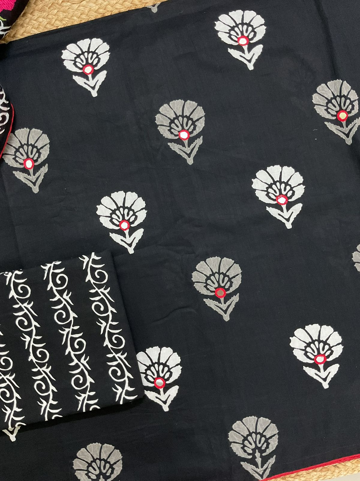 Pure Cotton Printed Embroidered Suit - Black