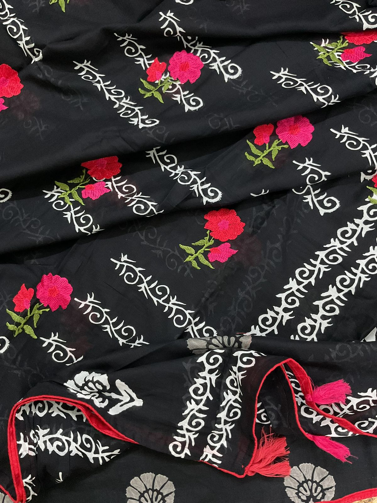 Pure Cotton Printed Embroidered Suit - Black