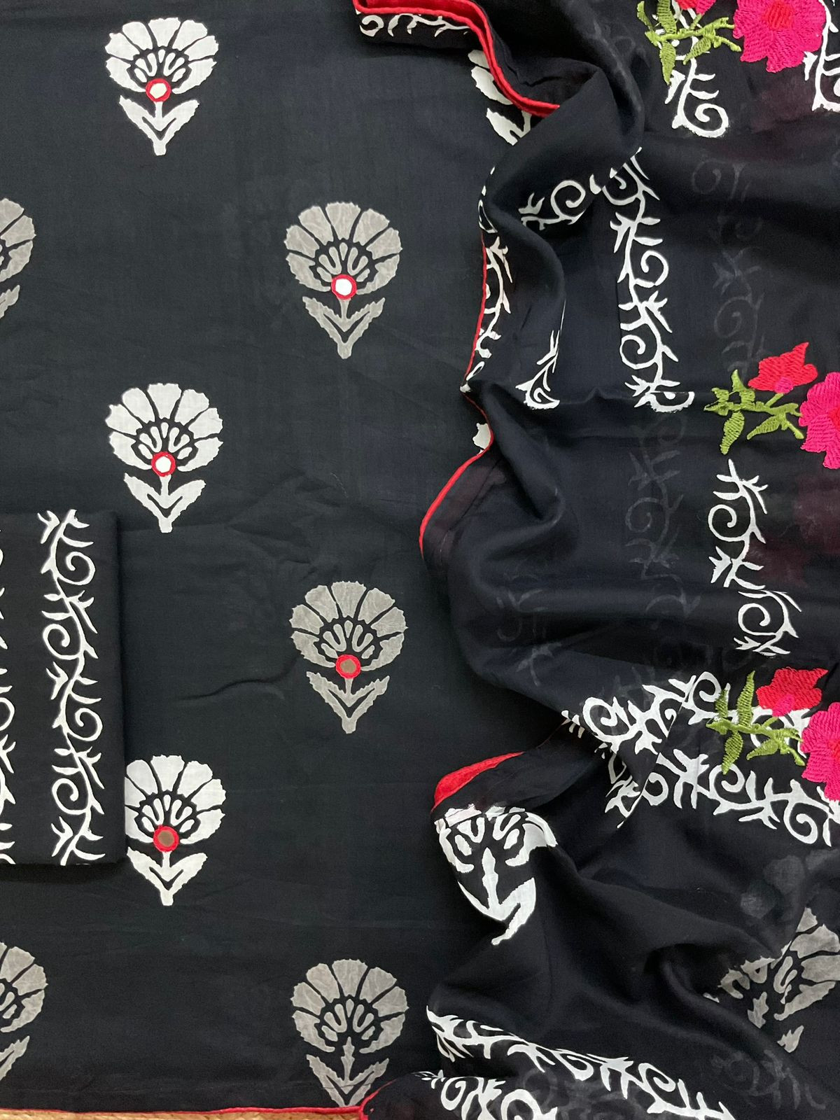 Pure Cotton Printed Embroidered Suit - Black