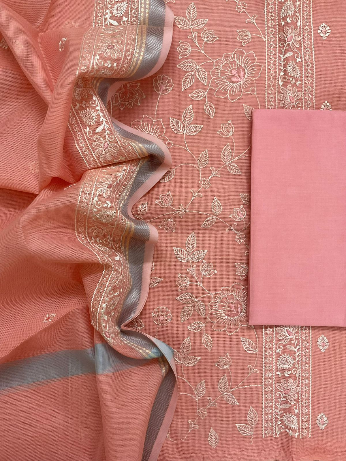 Soft Supernet Embroidered Suit - Peach