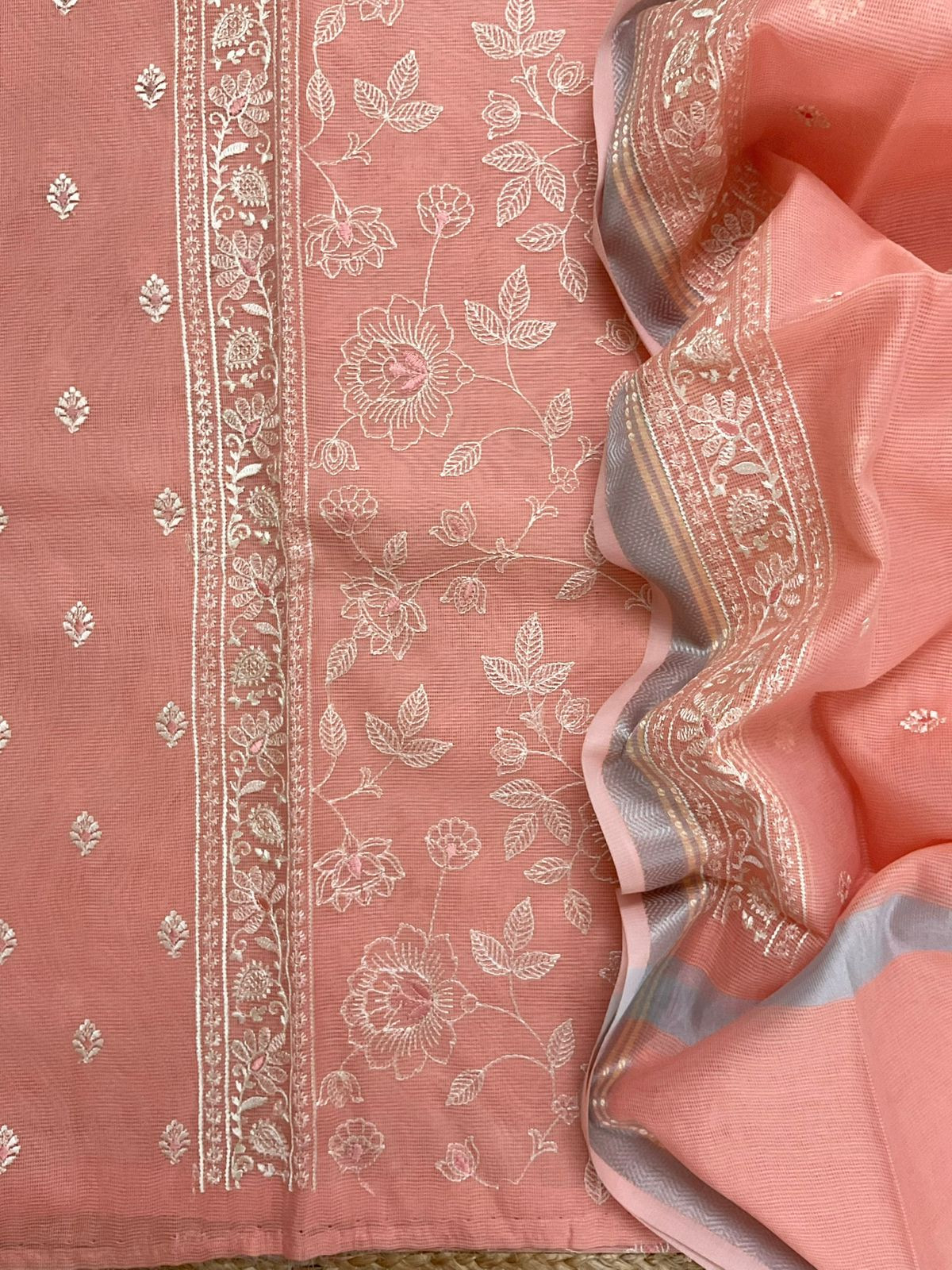 Soft Supernet Embroidered Suit - Peach