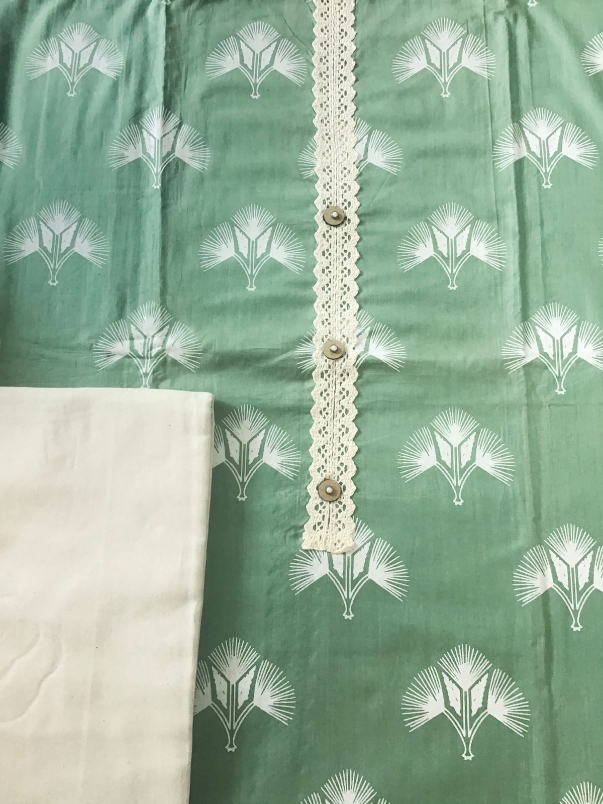 Pure Cotton Printed Embroidered Suit - Green