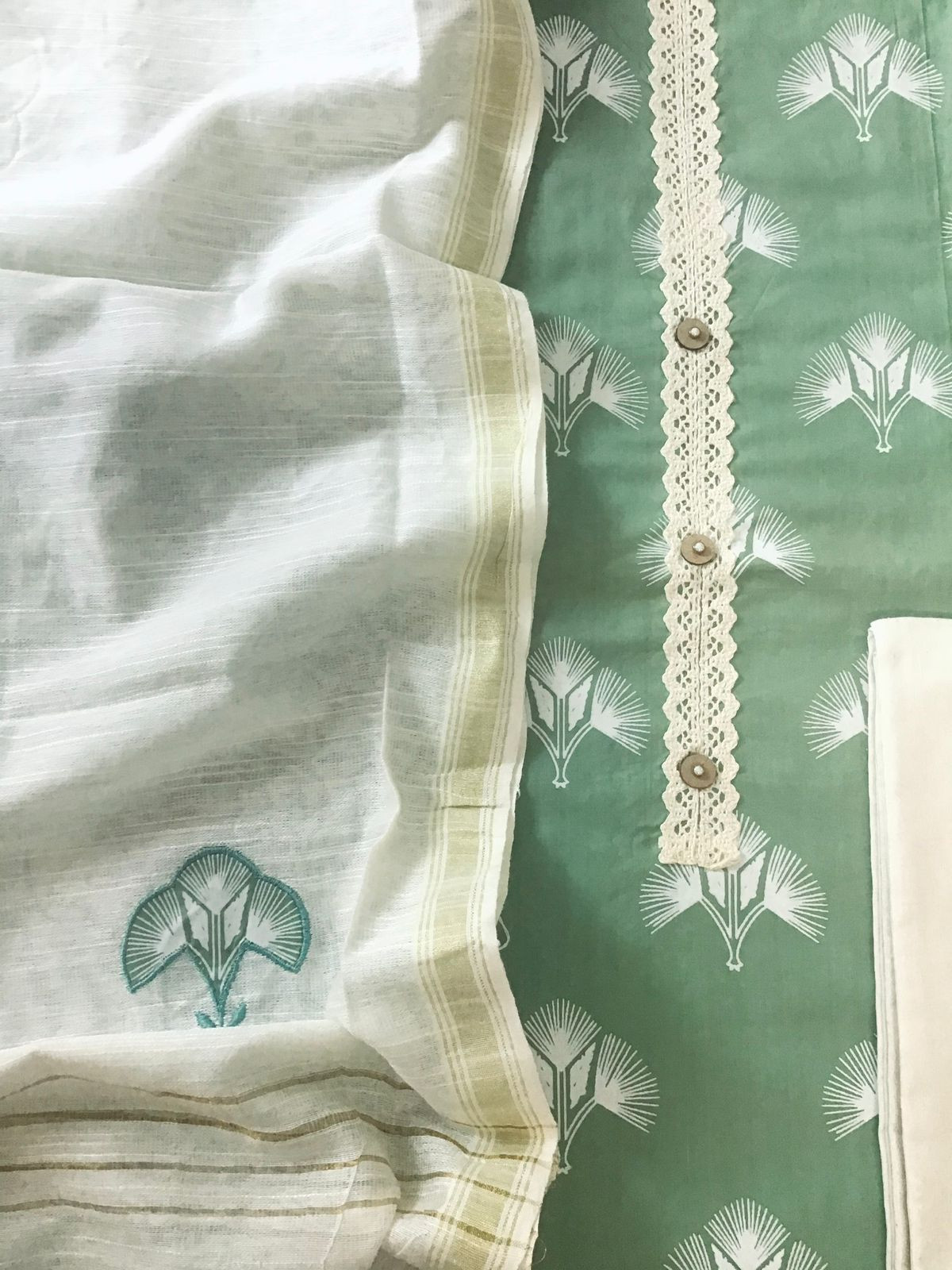 Pure Cotton Printed Embroidered Suit - Green