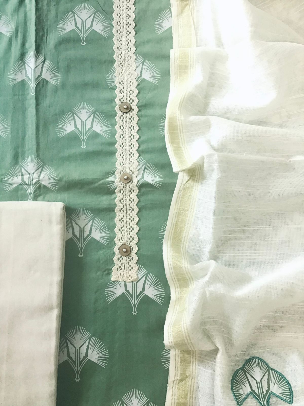 Pure Cotton Printed Embroidered Suit - Green