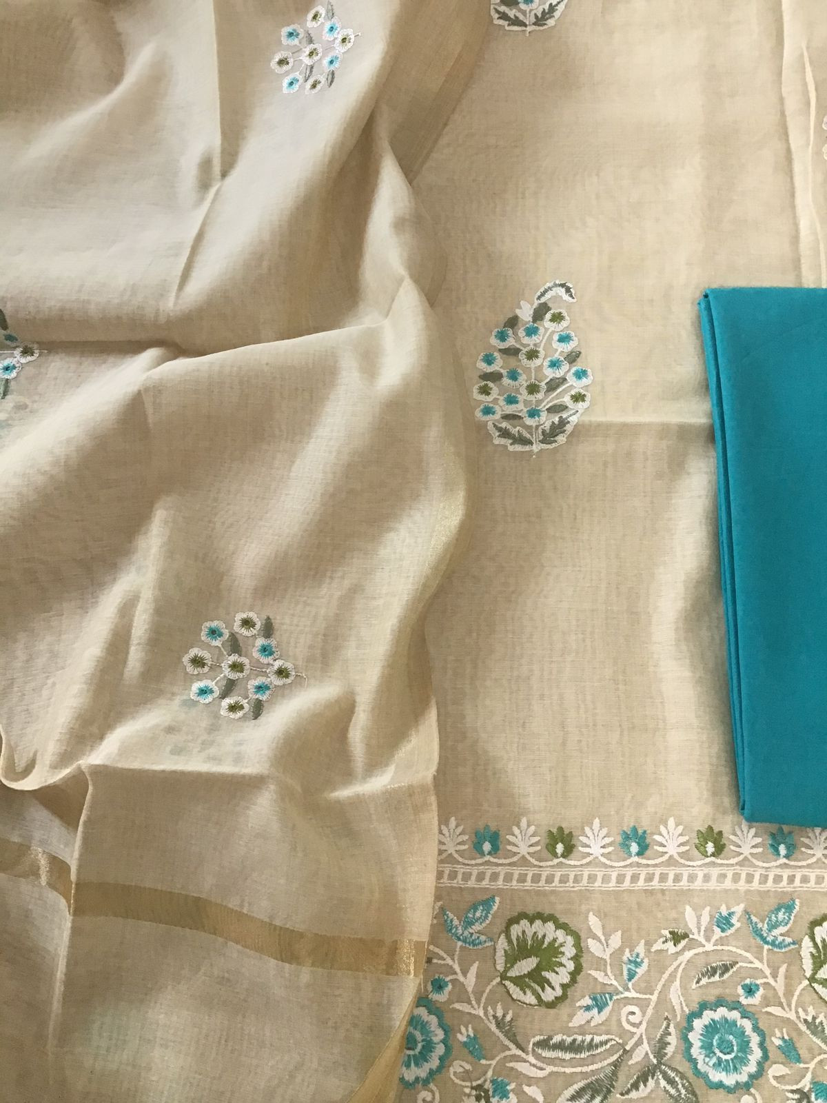 Soft Chanderi Embroidered Suit - Beige