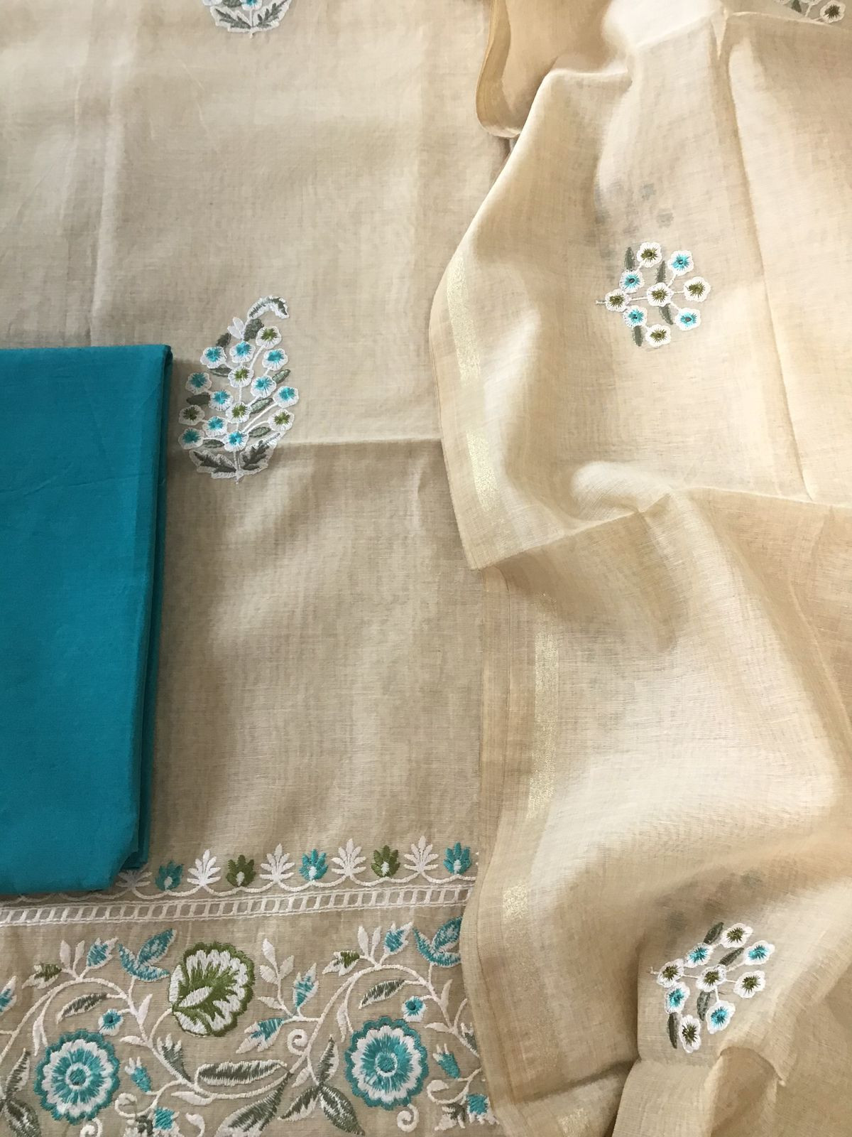 Soft Chanderi Embroidered Suit - Beige