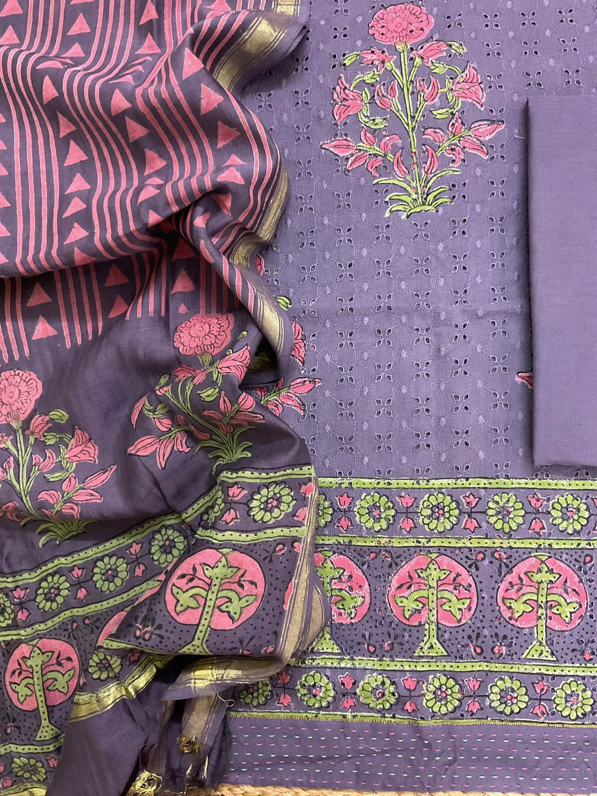 Pure Hakoba Cotton Printed Embroidered Suit - Purple