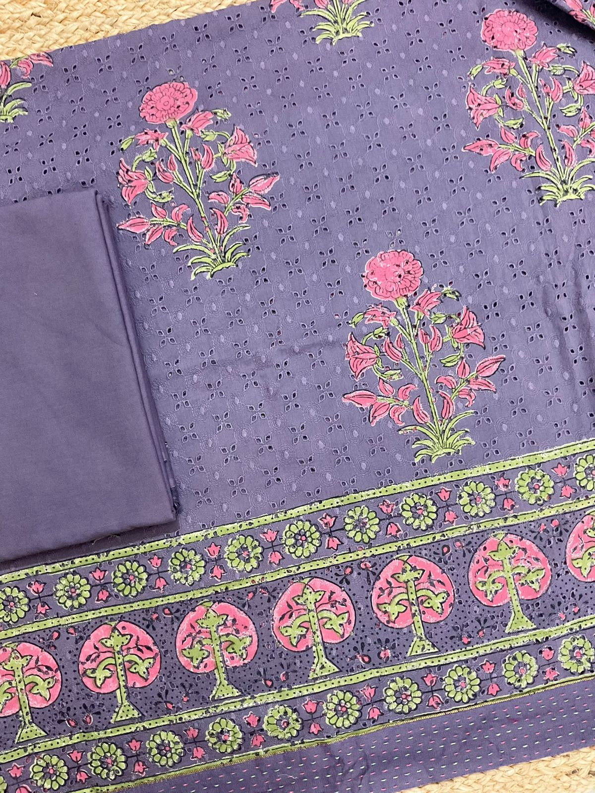 Pure Hakoba Cotton Printed Embroidered Suit - Purple