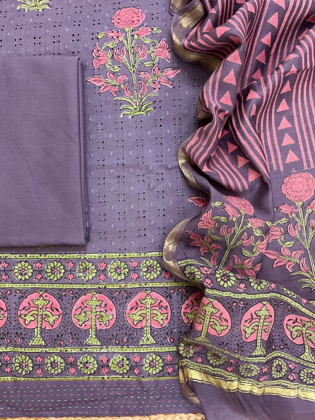 Pure Hakoba Cotton Printed Embroidered Suit - Purple