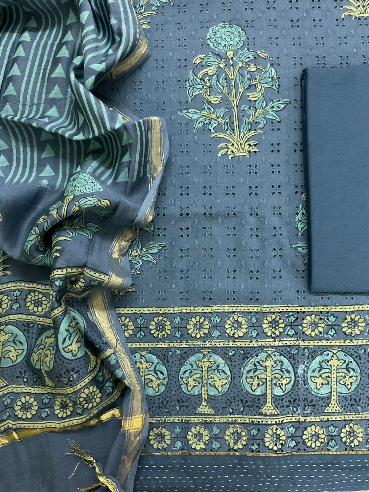 Pure Hakoba Cotton Printed Embroidered Suit - Blue