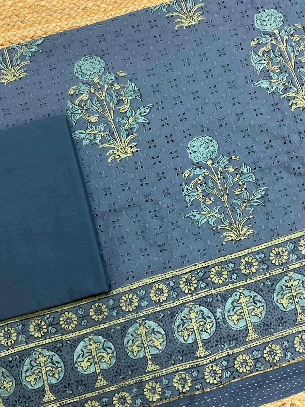 Pure Hakoba Cotton Printed Embroidered Suit - Blue