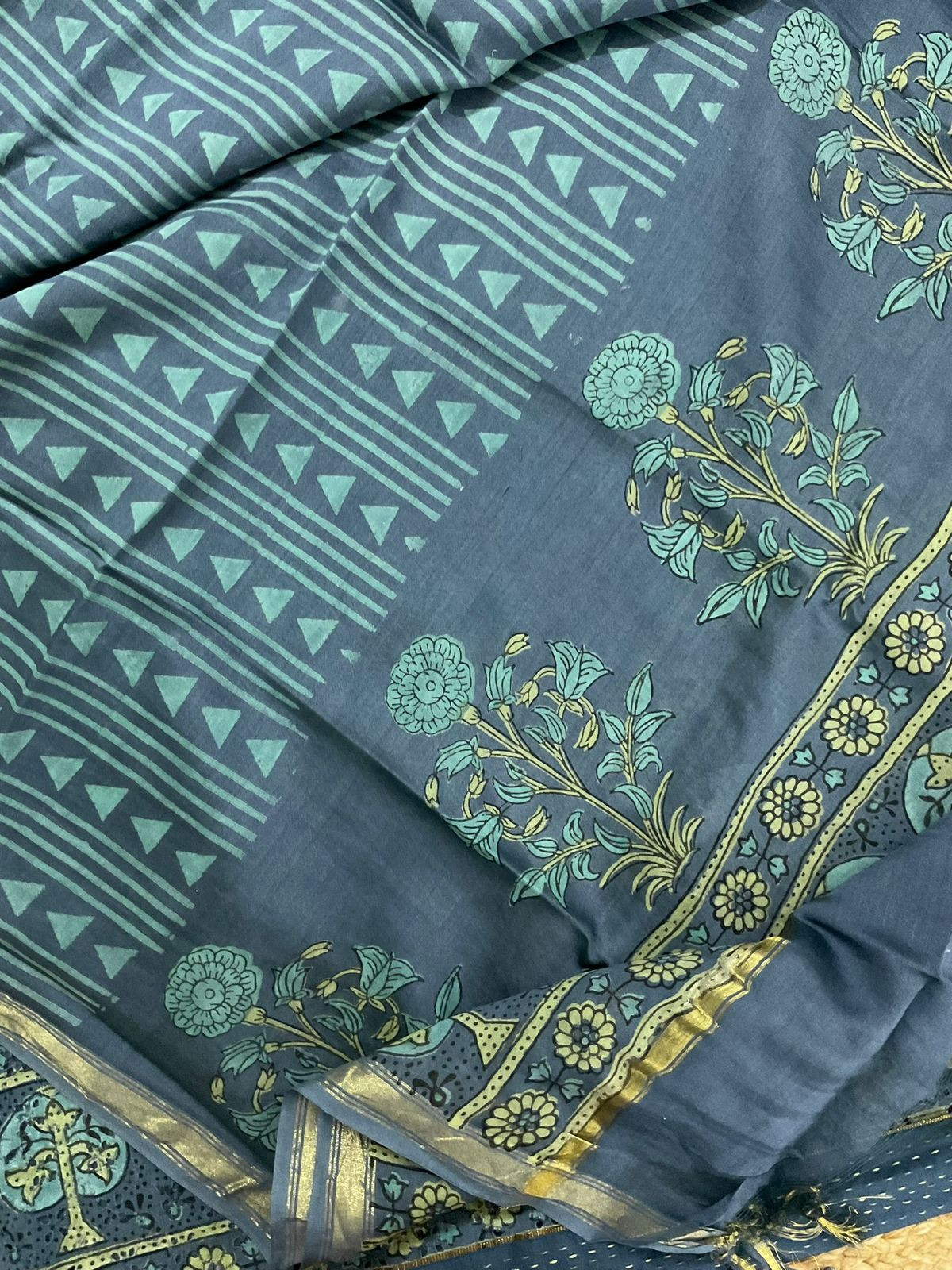 Pure Hakoba Cotton Printed Embroidered Suit - Blue