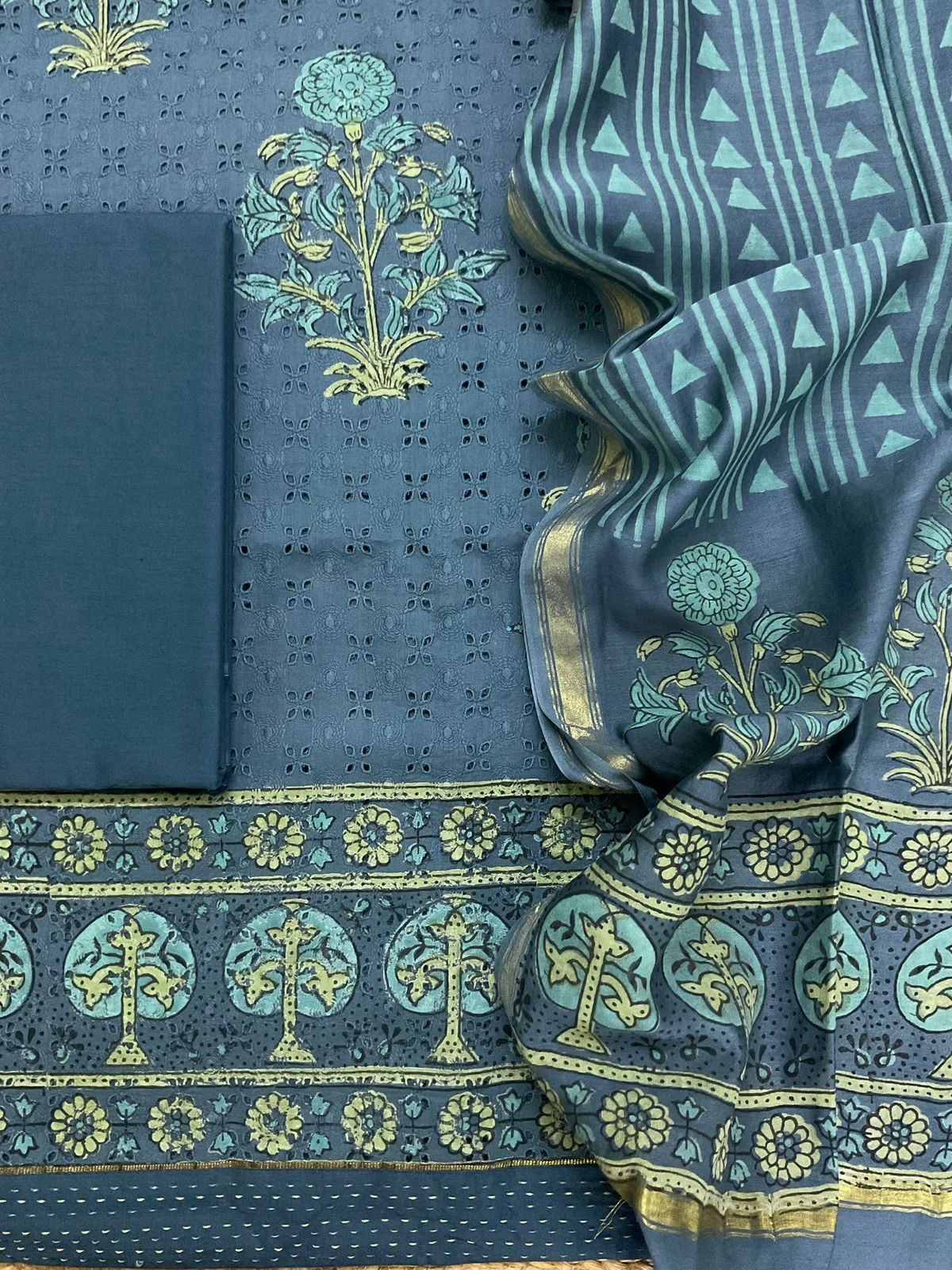 Pure Hakoba Cotton Printed Embroidered Suit - Blue