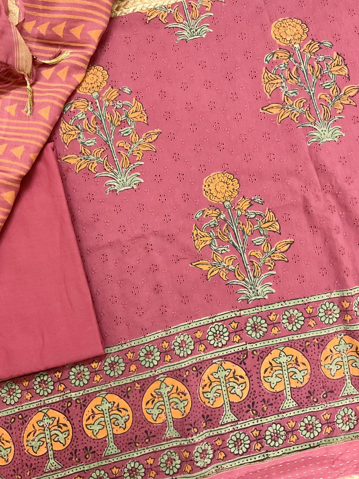 Pure Hakoba Cotton Printed Embroidered Suit - Pink
