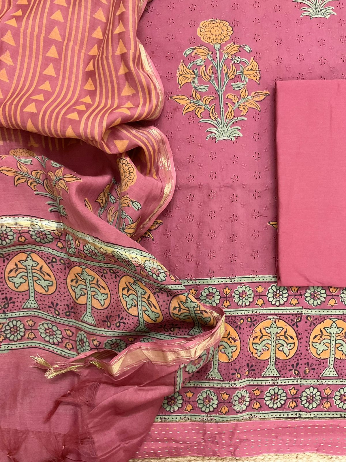 Pure Hakoba Cotton Printed Embroidered Suit - Pink