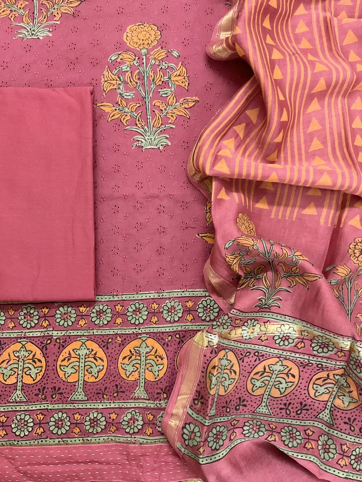 Pure Hakoba Cotton Printed Embroidered Suit - Pink
