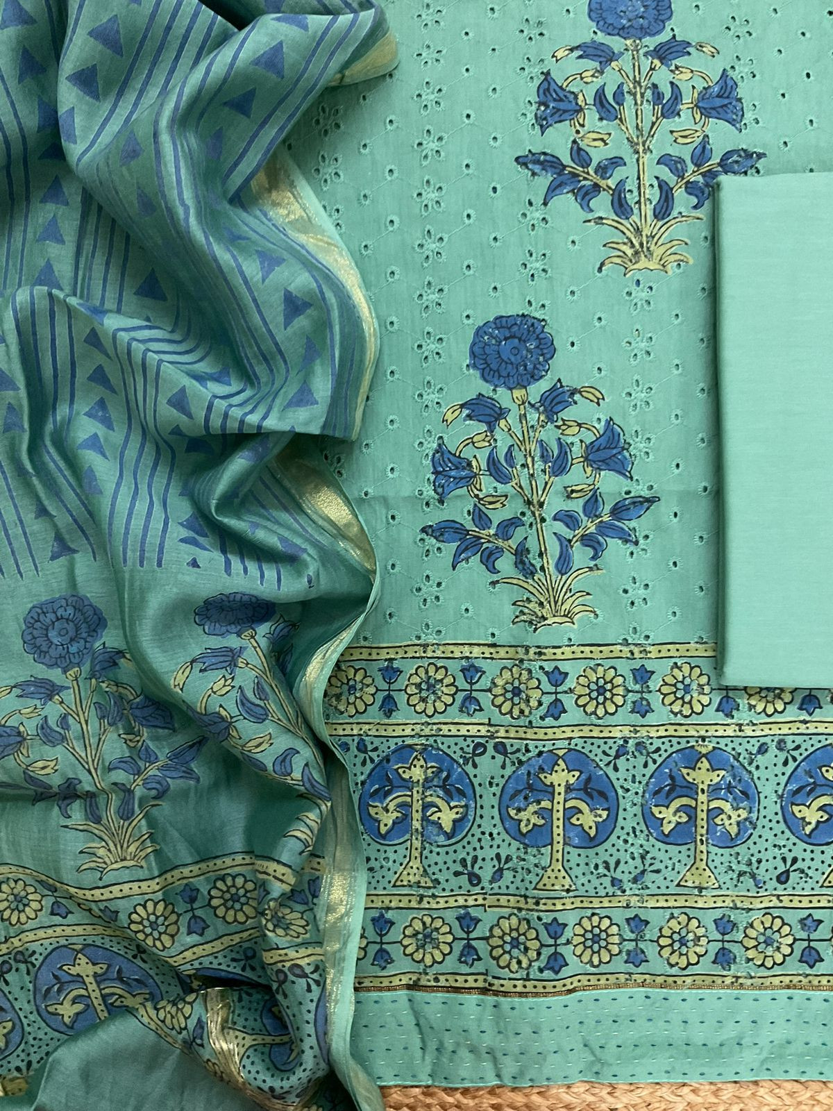 Pure Hakoba Cotton Printed Embroidered Suit - Green