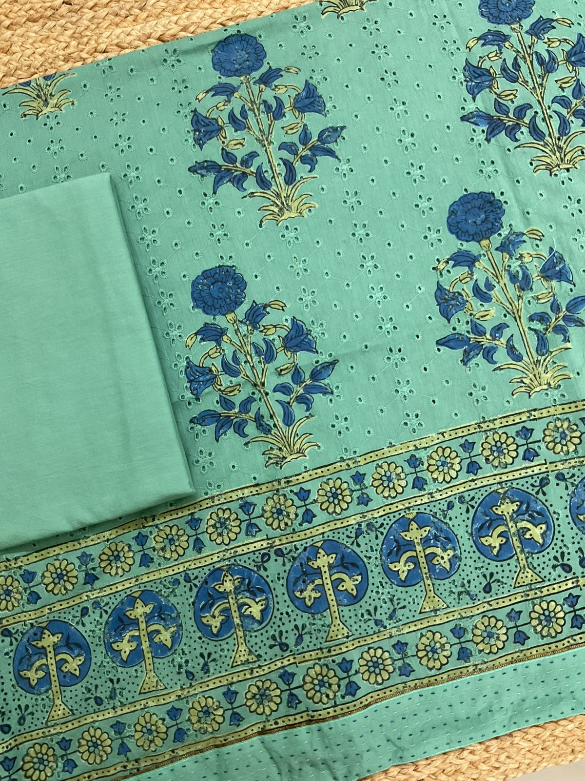 Pure Hakoba Cotton Printed Embroidered Suit - Green