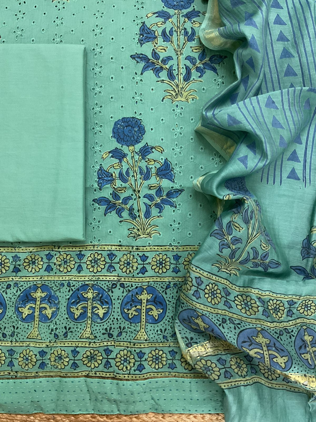 Pure Hakoba Cotton Printed Embroidered Suit - Green