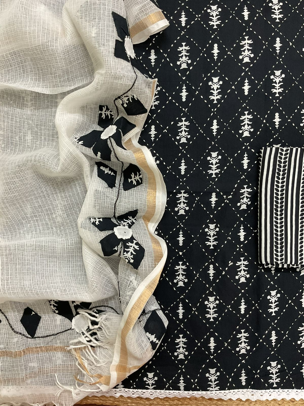 Pure Cotton Printed Embroidered Suit - Black