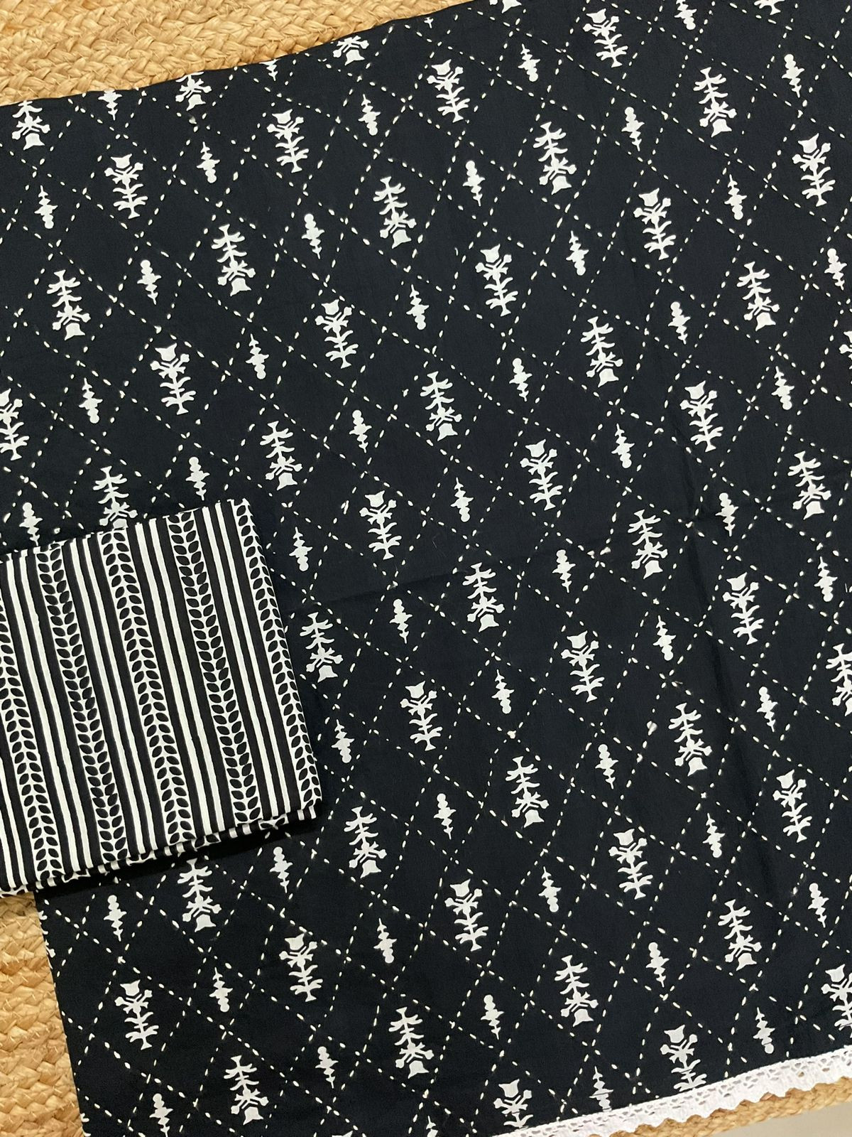 Pure Cotton Printed Embroidered Suit - Black