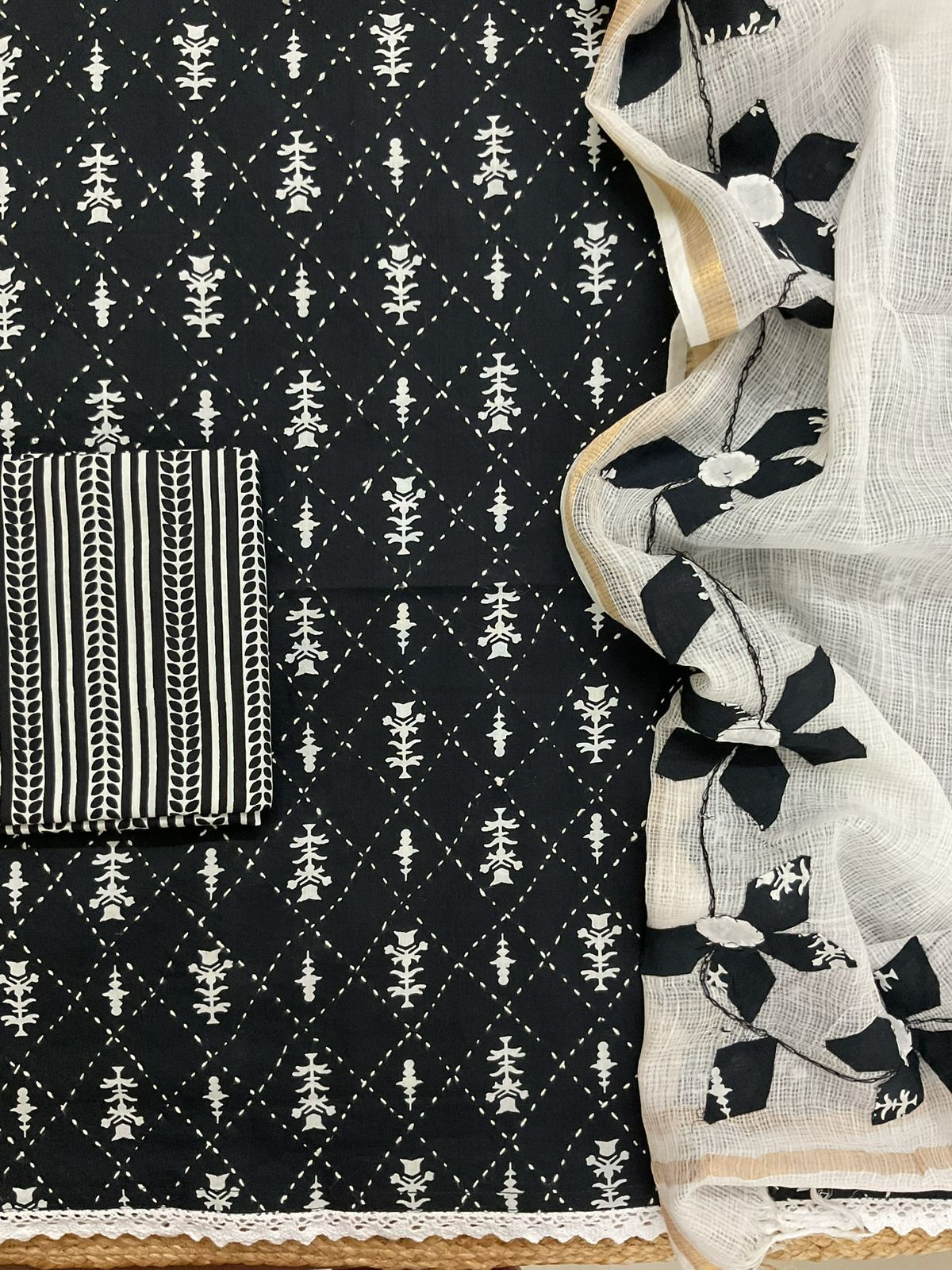 Pure Cotton Printed Embroidered Suit - Black