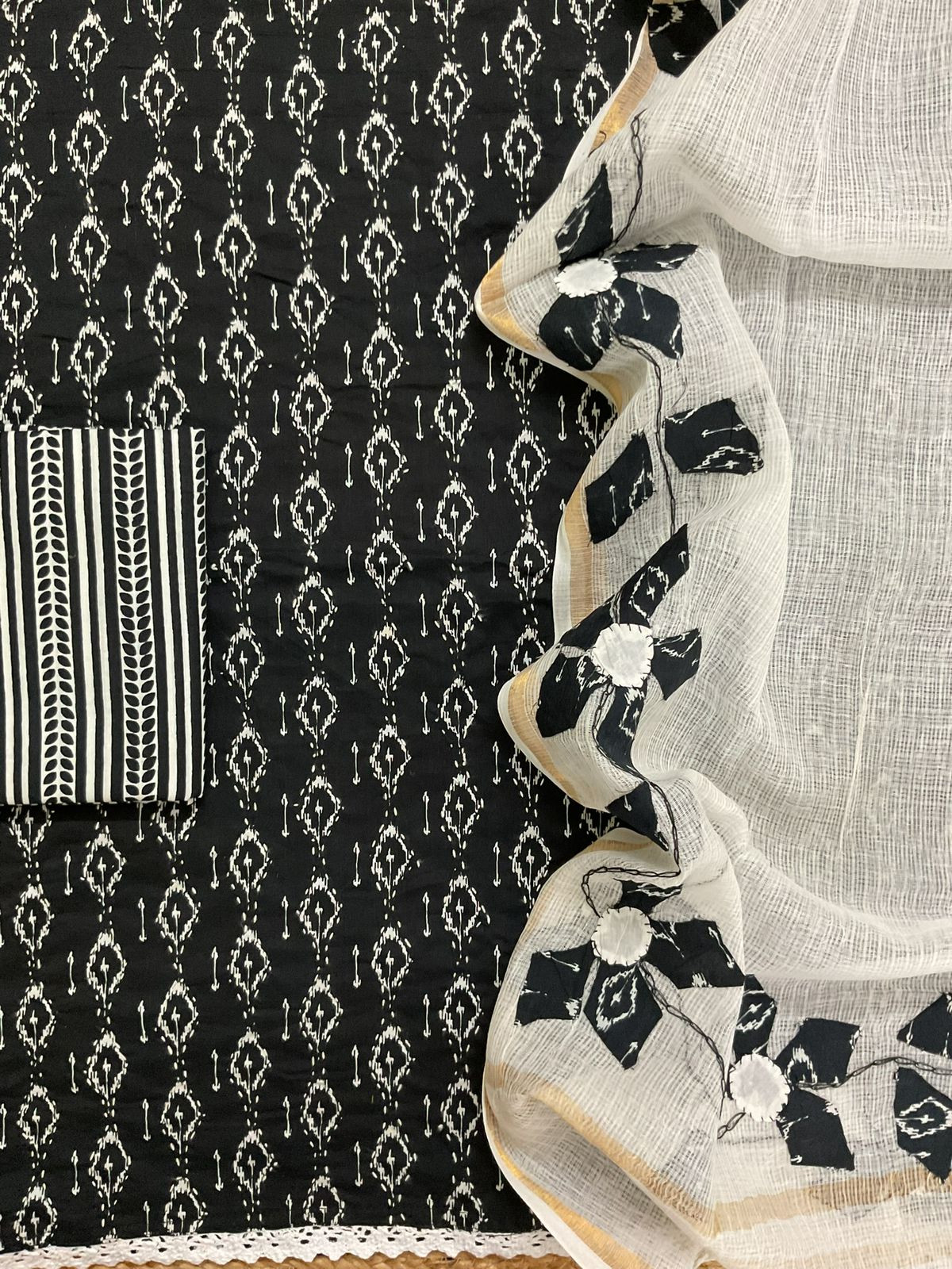 Pure Cotton Printed Embroidered Suit - Black