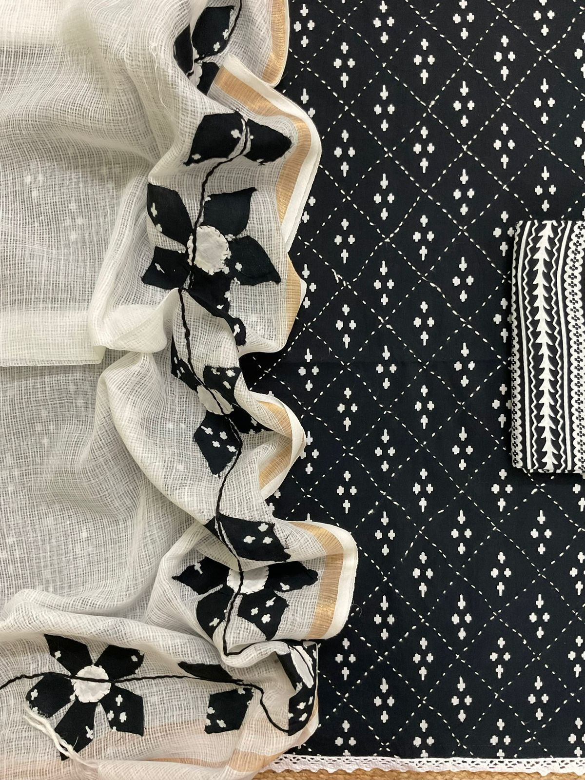 Pure Cotton Printed Embroidered Suit - Black