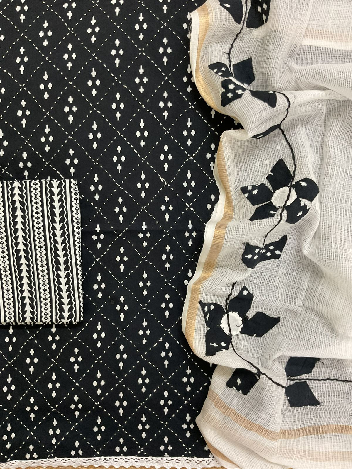 Pure Cotton Printed Embroidered Suit - Black