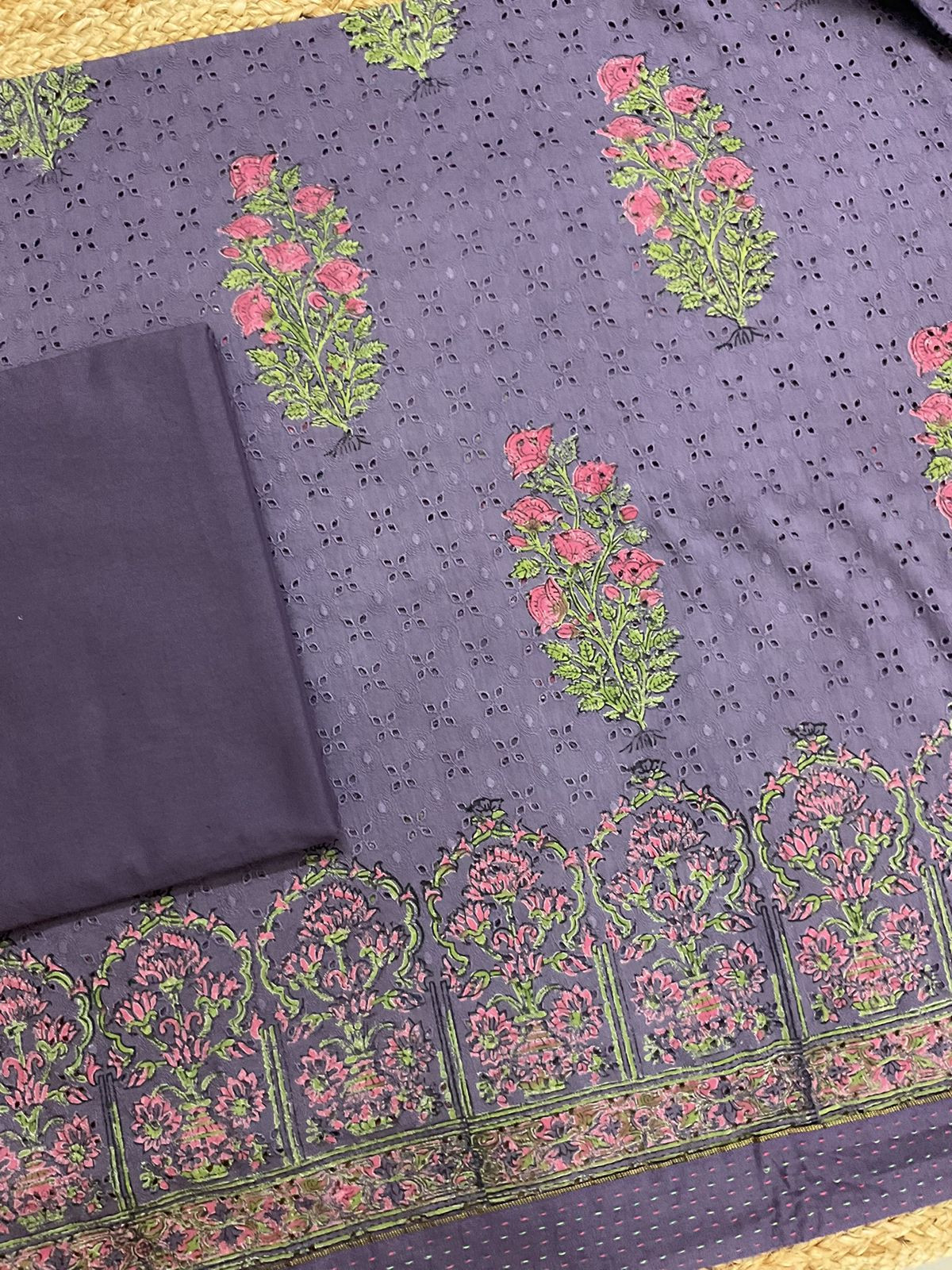 Pure Hakoba Cotton Printed Embroidered Suit - Purple