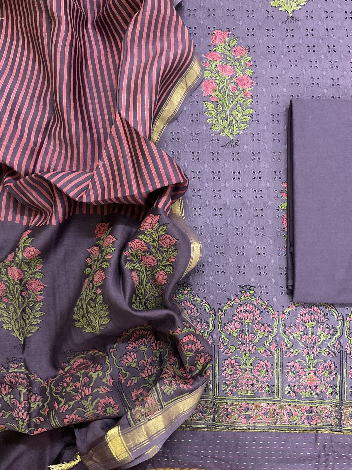 Pure Hakoba Cotton Printed Embroidered Suit - Purple