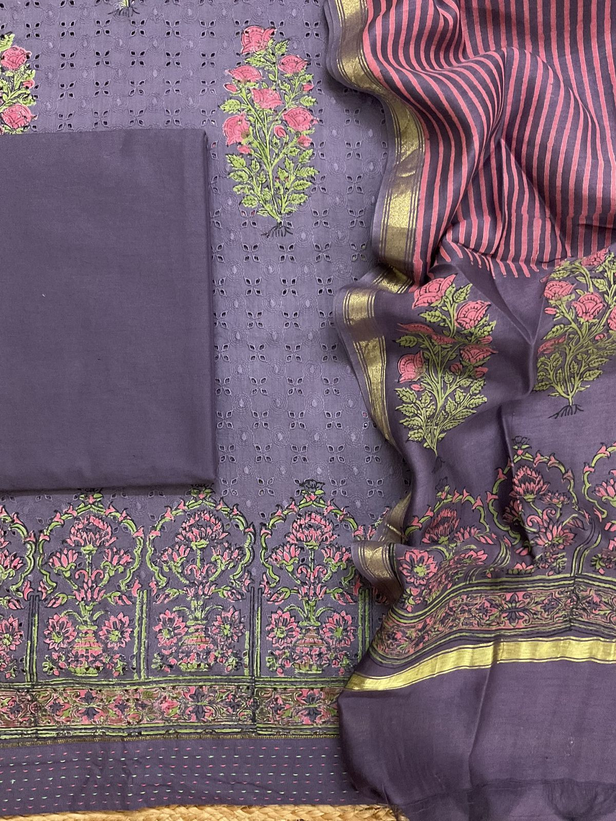 Pure Hakoba Cotton Printed Embroidered Suit - Purple