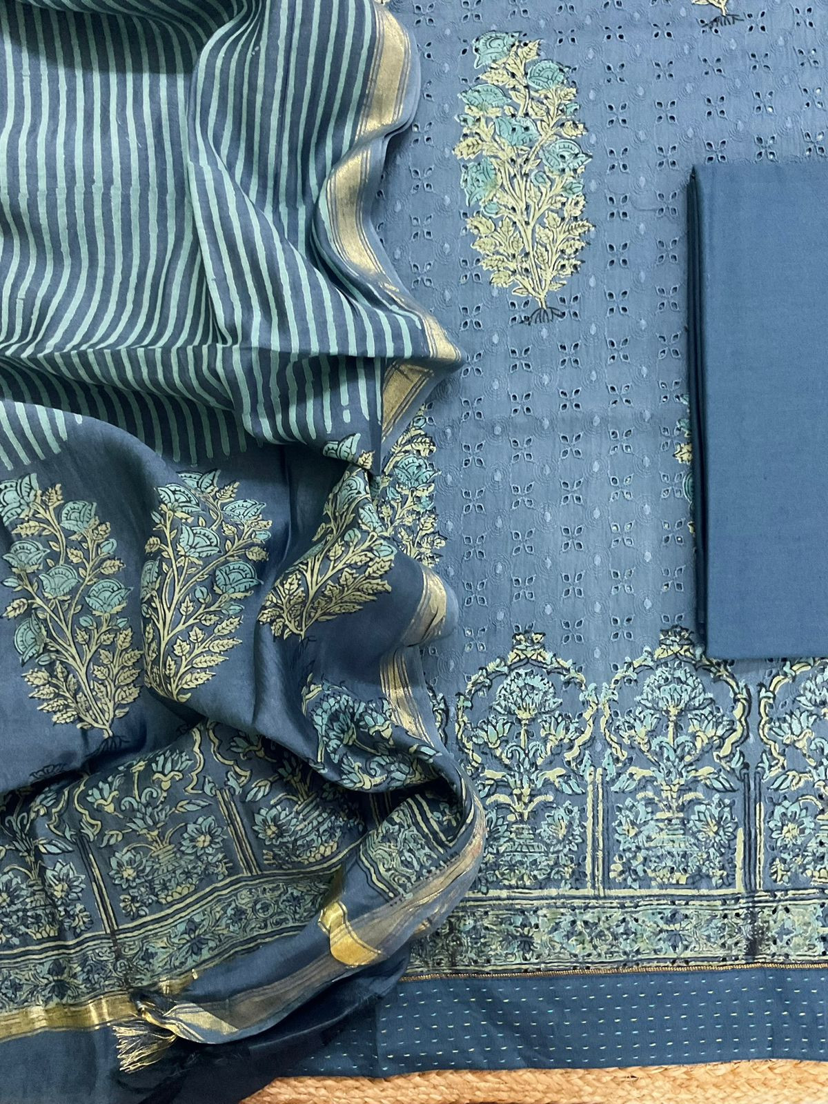 Pure Hakoba Cotton Printed Embroidered Suit - Blue