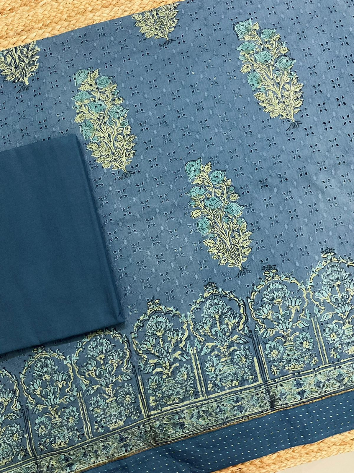 Pure Hakoba Cotton Printed Embroidered Suit - Blue