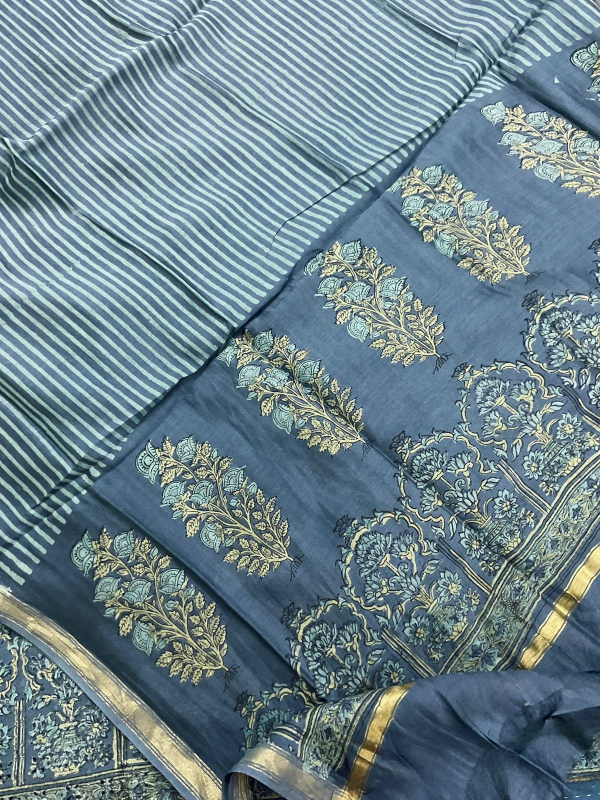 Pure Hakoba Cotton Printed Embroidered Suit - Blue