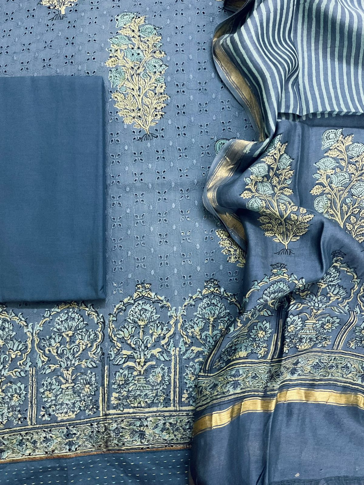 Pure Hakoba Cotton Printed Embroidered Suit - Blue