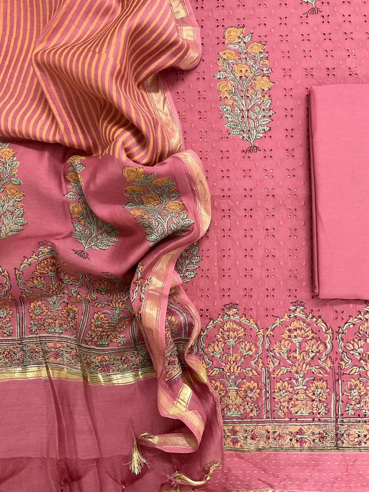 Pure Hakoba Cotton Printed Embroidered Suit - Pink